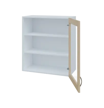 MH - 65S horní skříňka boxová, 1-dveřová, prosklená, pravá, 770x654x440, korpus bílý, dvířko bříza s